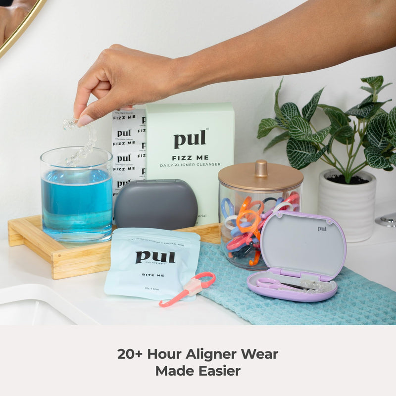 PUL Aligner Care Convenience Kit – Case + 2-in-1 Tool for Invisalign, Retainers, Partial Dentures, Mouth & Night Guards & More – Gray Case & 2-Pack of Blue Aligner Seating Chewie & Removal Tool Gray Combo - BeesActive Australia