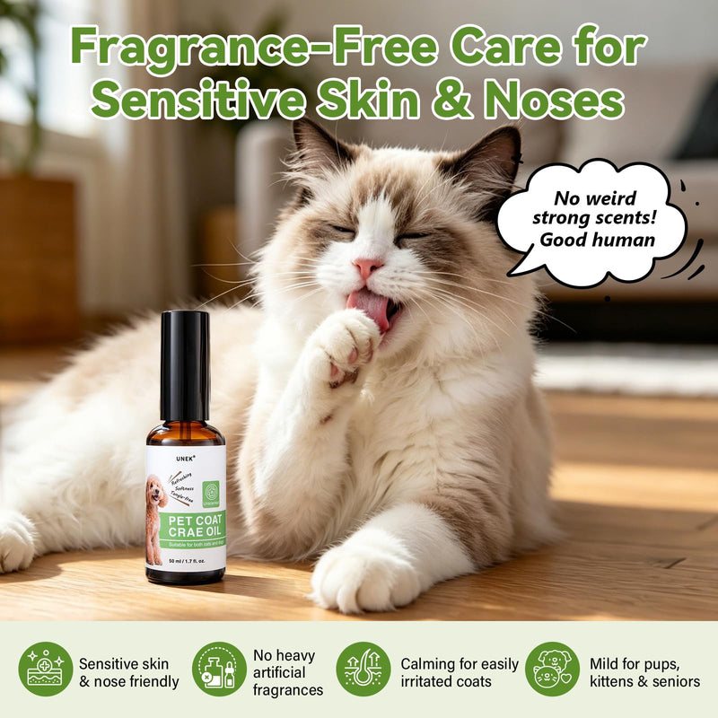 UNEK Unscented Pet Coat Oil for Dogs & Cats 50ml – Lightweight Leave-In Coat Conditioner with Olive, Coconut & Jojoba Oils – Helps Reduce Static, Smooth Frizz & Add Shine to Dry or Long Fur