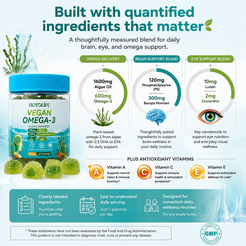 Omega 3 Gummies for Women Men Kids, 600mg Brain & Eye Support, Algae, 90Ct | Plant-Based Algae DHA EPA with Orange Flavor, Lutein, Zeaxanthin, Vitamins A C E, PS and Bacopa for 2-Gummy Daily Routine