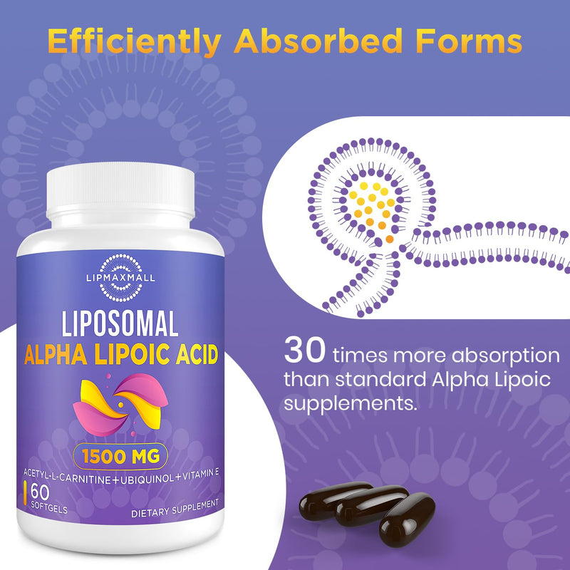 Liposomal Alpha Lipoic Acid 1500mg - with Acetyl-L-Carnitine 900mg & Ubiquinol 100mg & Vitamin E 15mg，ALA Supplement for Antioxidants Glucose Metabolism Nerve Energy, 60 Softgels (3 Bottle) Unflavored 60 Count (Pack of 3)