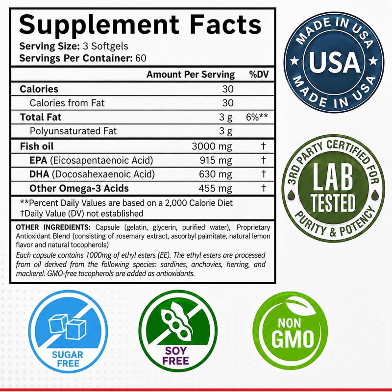 Purity Labs Omega 3 Fish Oil 3000mg – DHA & EPA Omega 3 Fatty Acid Supplements to Support Heart and Brain Health - Immune Support Supplement - 180 Softgels (60 Servings) 1