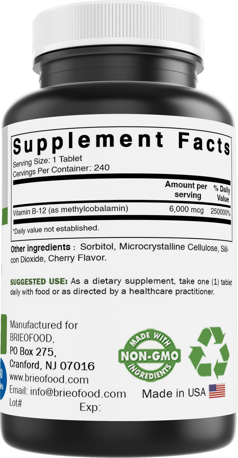 Brieofood Vitamin B-12 (Methycoballamin) 6000 mcg- 240 Tablets. Non-GMO, and Gluten Free (Pack of 2) 240 Count (Pack of 2)