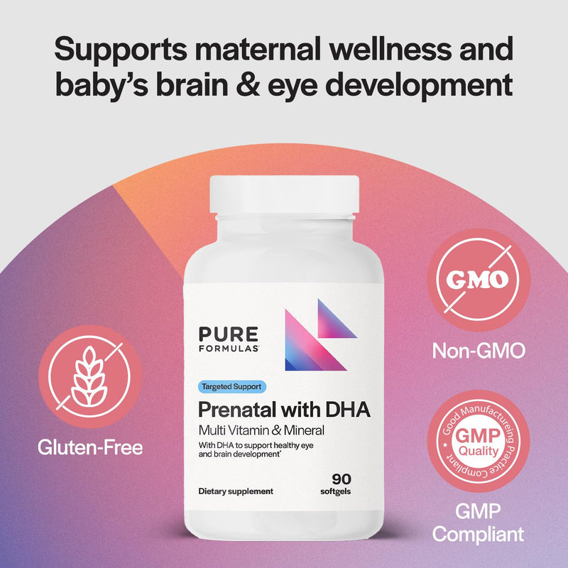 PureFormulas Prenatal Vitamins with DHA, Comprehensive Multi Vitamin & Mineral for Maternal Wellness and Baby's Healthy Development, Gluten-Free, Non-GMO, 30 Servings, 90 Softgels