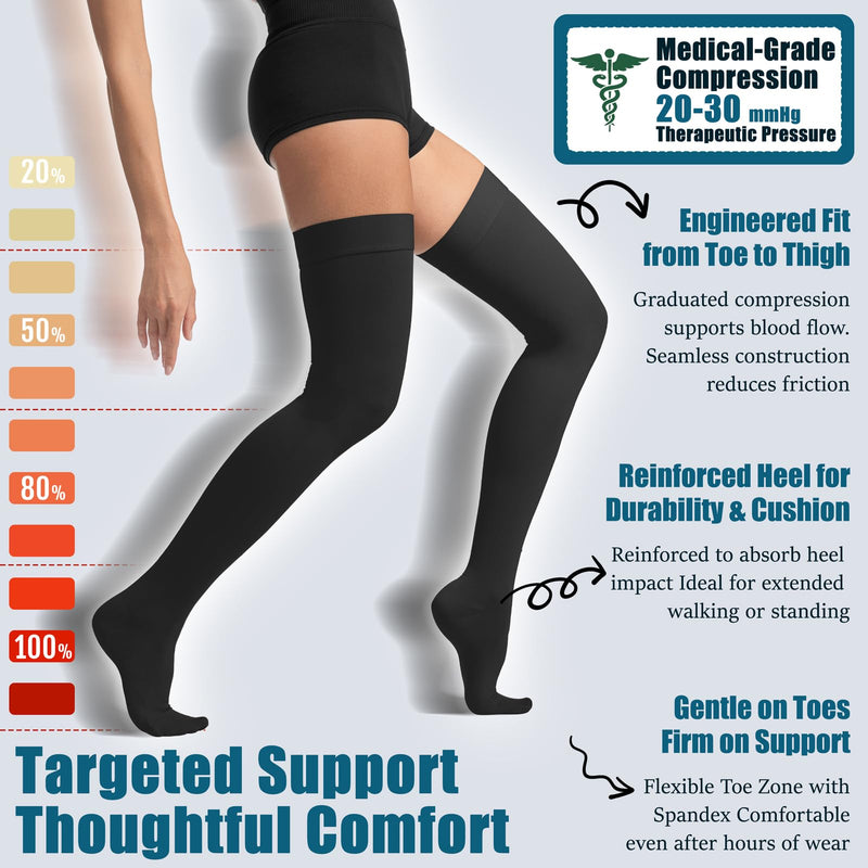 Thigh High Compression Socks,20-30 mmHg Closed Toe Compression Stockings for Men Women,for Varicose Veins,Edema,DVT Large(1 Pair) Black