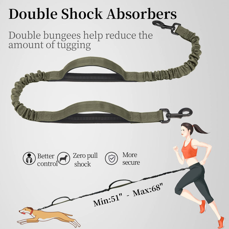 iYoShop Hands Free Dog Leash with Zipper Pouch, Dual Padded Handles and Durable Bungee for Walking, Jogging and Running Your Dog (Large, 25-120 lbs, Military Green) Large - BeesActive Australia