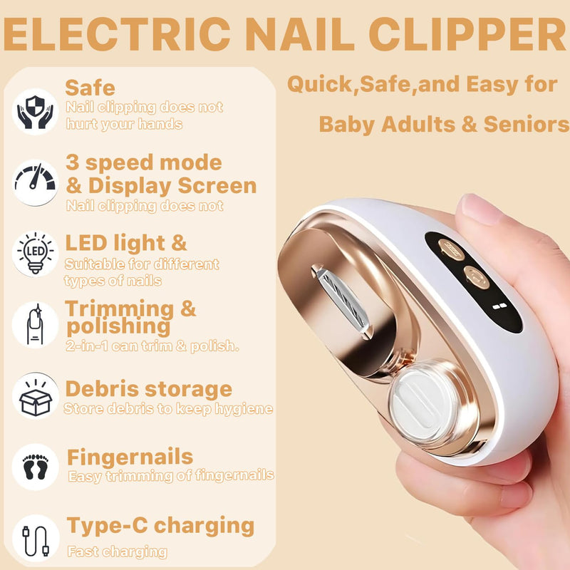 Electric Nail Clipper, Electric Nail Clippers for Seniors, 2026 3 in 1 Electric Automatic Nail Clipper for Adults，Kids with Polishing and 3 Speeds (Orange) orange