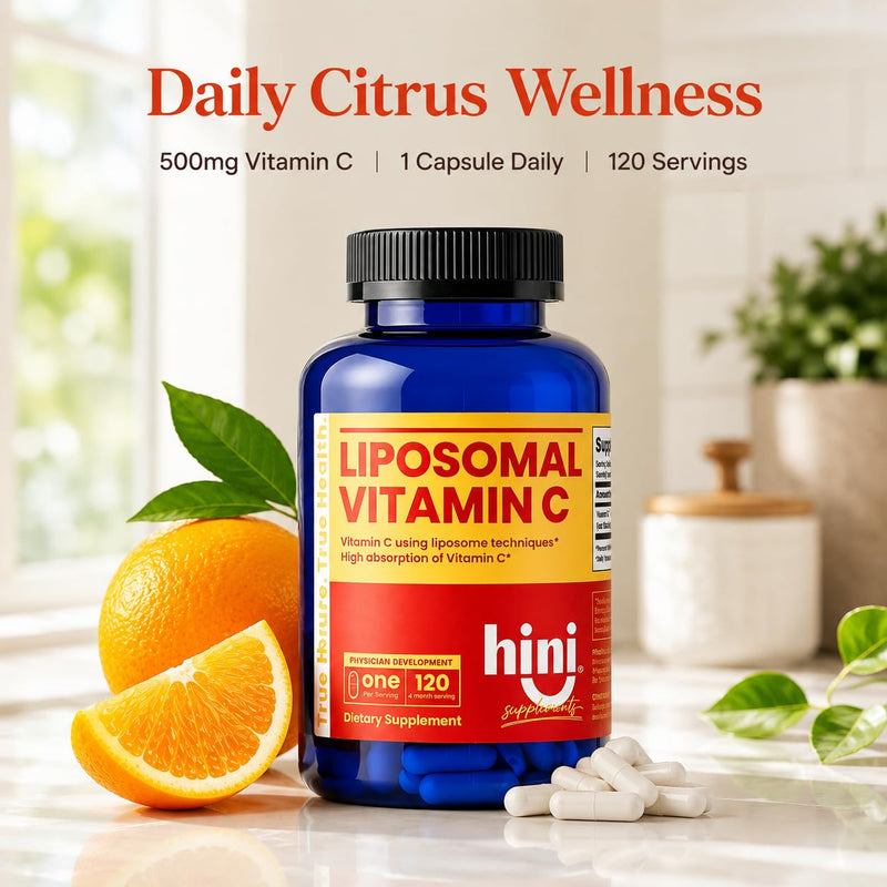 HINI Liposomal Vitamin C 500mg, High Absorption Vitamin C Supplement with CellG8 Quali-C, Daily Immune & Antioxidant Support, 1 Capsule Daily, 120 Servings