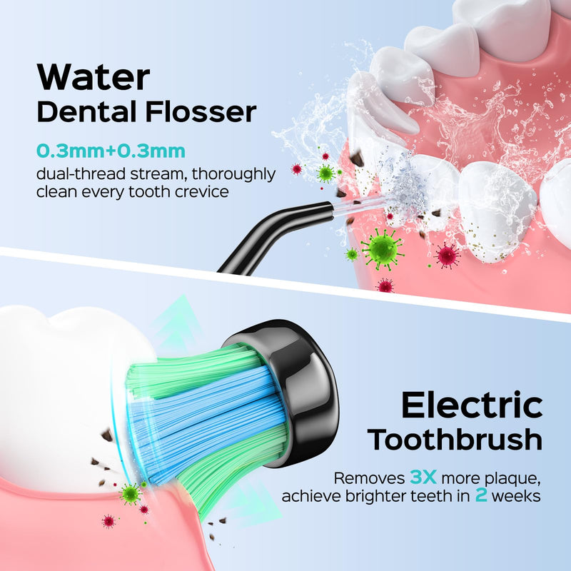 COSLUS C20 & C41 Portable Water Flosser with Electric Toothbrush Combo: 2-in-1 Oral Clean Kit for Teeth, Braces, Gums Care - Brushing & Flossing for Adults, Family, Travel Use, BPA-Free, Black - BeesActive Australia