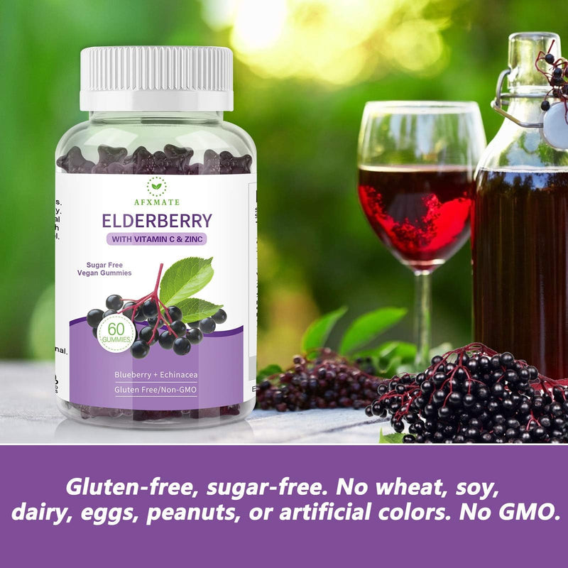AFXMATE Sambucus Black Elderberry Gummies for Adults and Kids | Vitamin c and Zinc, Immune Support, Sugar Free, 120 Counts