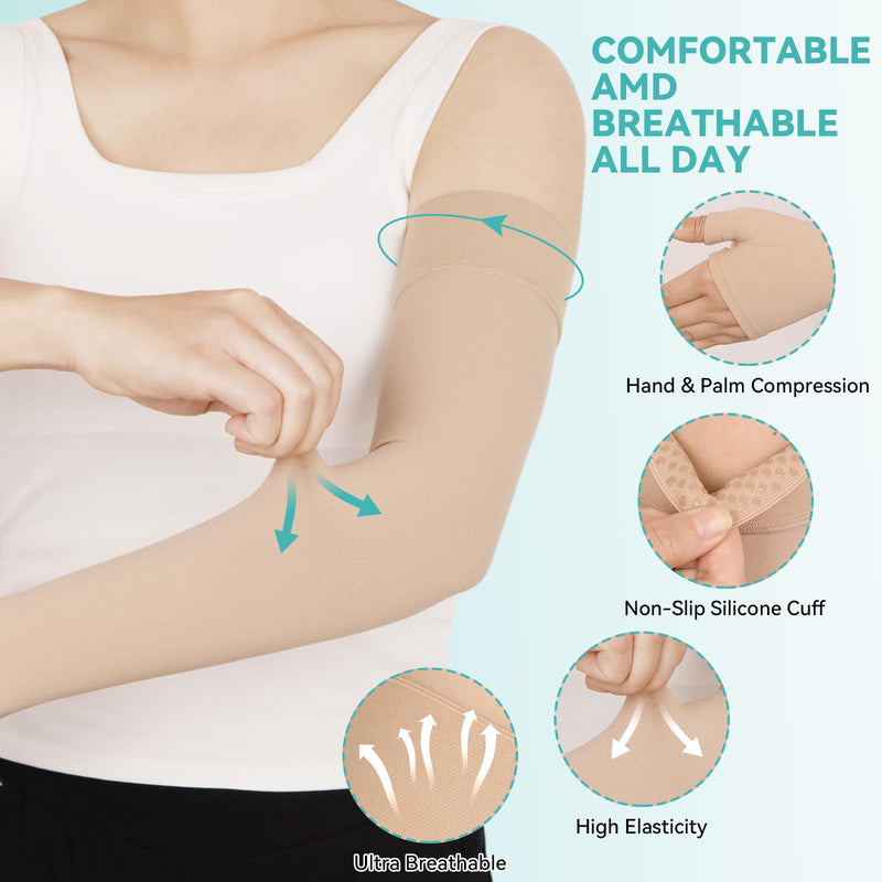 Lymphedema Compression Arm Sleeves for Women Men 20-30 mmHg, Single Medium Beige(Single)