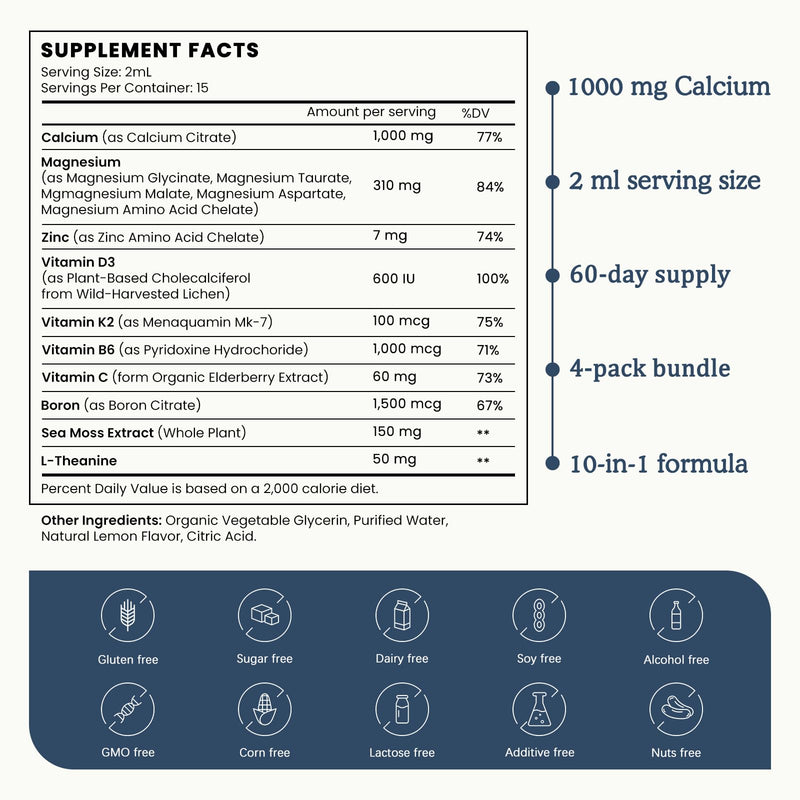 (4 Pack) 10 in 1 Calcium Magnesium Zinc Supplement, Magnesium Glycinate Complex Liquid Drops with Vitamin D3 K2 B6, Vegan Calcium Citrate Bone & Immune Health Support, Sleep & Cramps, Boron, 1 Fl Oz Lemon 1 Fl Oz (Pack of 4)