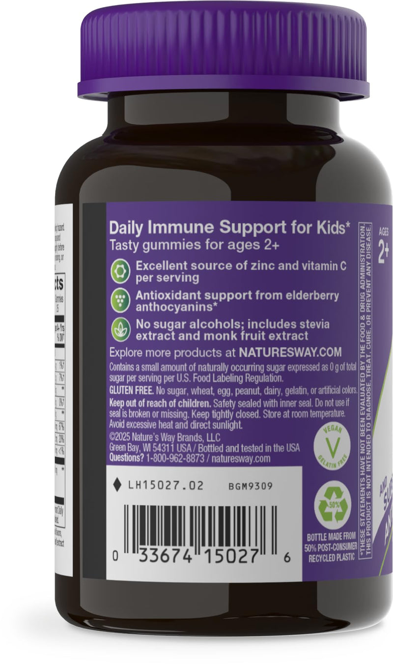 Nature's Way Sambucus Kids Zero Sugar Elderberry Immune Gummies, 50 ct | Immune Support Gummy for Kids Ages 2+,* with Black Elderberry Extract, Vitamin C, and Zinc, Zero Sugar 50 Count (Pack of 1)
