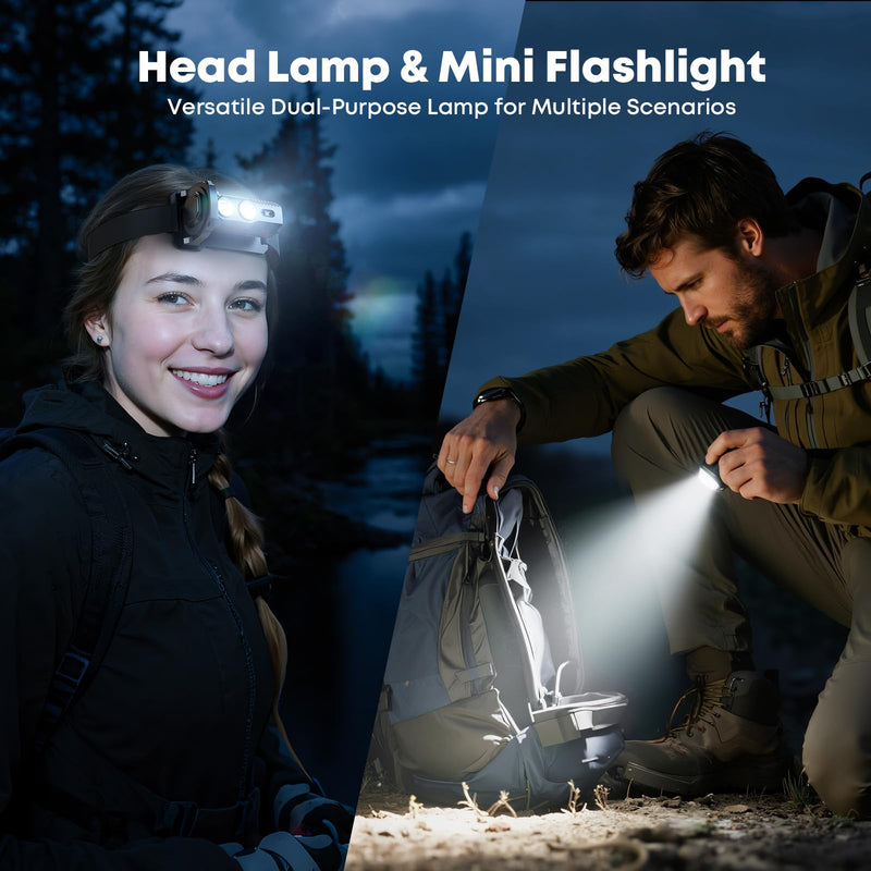 LED Headlamp Rechargeable 2PCS 1800L Mini Flashlight with Magnet with White & Red Light, 5 Lighting Modes Angle Adjustable Motion Sensor Head Lamp for Outdoor, Camping, Hiking, Working
