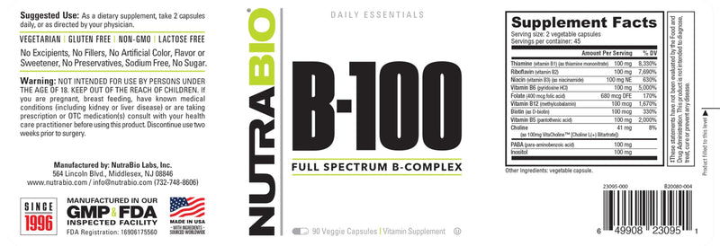 NutraBio B-100, B Vitamin Complex, Immune System Support, Healthy Hair, Skin, Nails, 90 Vegetable Capsules 90 Count (Pack of 1)