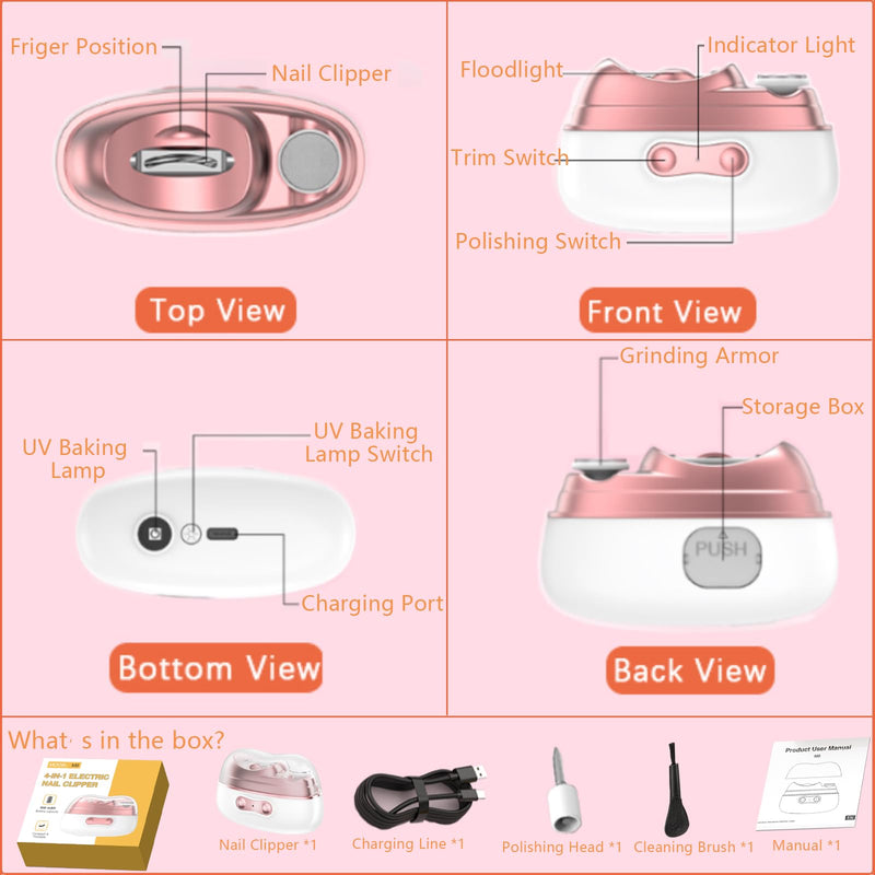 No Pain|Safe on Skin Automatic Nail Clipper & Polisher with Storage|LED Light|UV Lamp|2 Speeds Fingernail & Toenail Polishing Tool/Gift for Seniors with Limited Mobility & New Parents Trim Baby Nails Grey