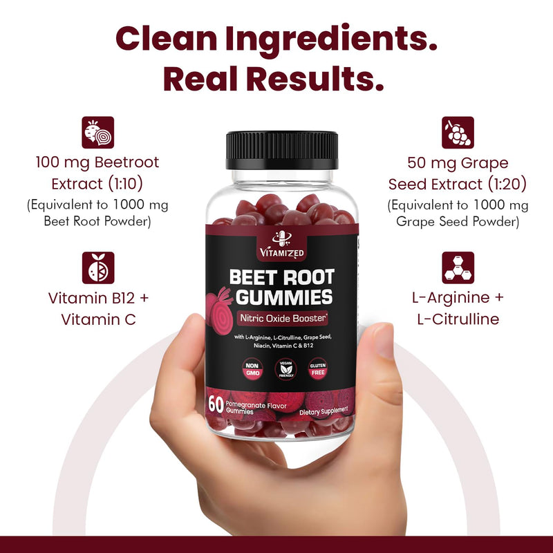 Beet Root Gummies w Grape Seed - Vitamin C, B12, L-Arginine & L-Citrulline | for Circulation Flow & Heart Healthy Energy - Pomegranate Flavor, 60 Count Potent