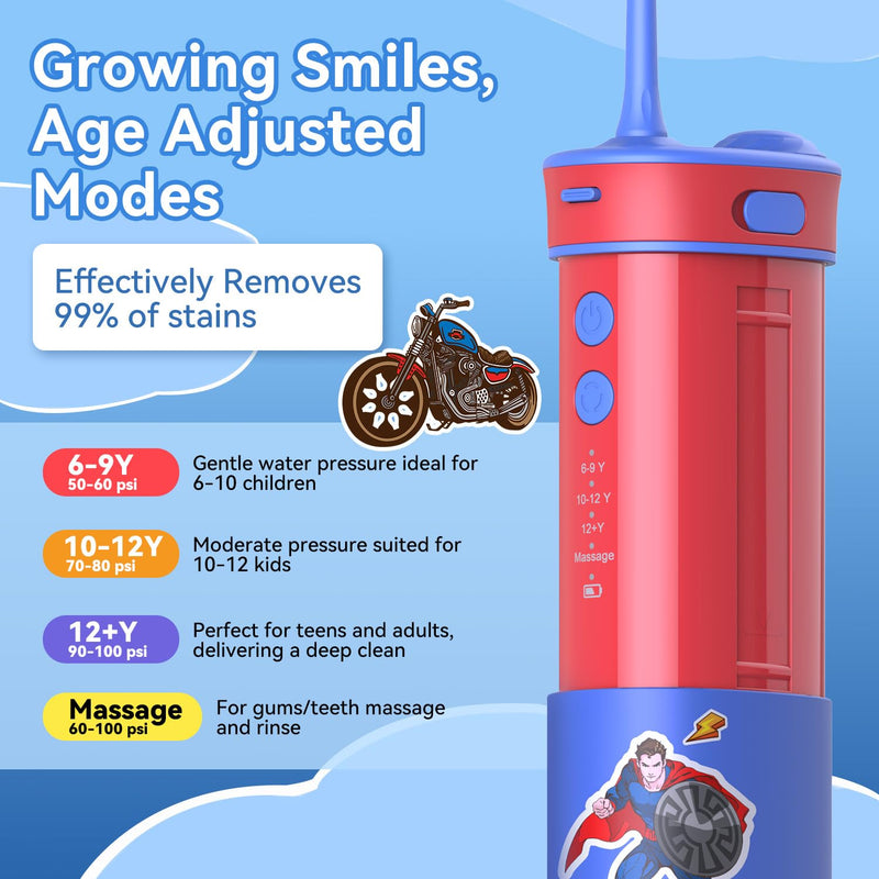 JTF Portable Water Flosser for Kids: 4 Gentle Modes for Ages 6+, Safe & Effective for Sensitive Teeth, Braces - with DIY Stickers, 4 Nozzles, Travel Bag, Mini Compact Oral Irrigator for Home & School Blue+red