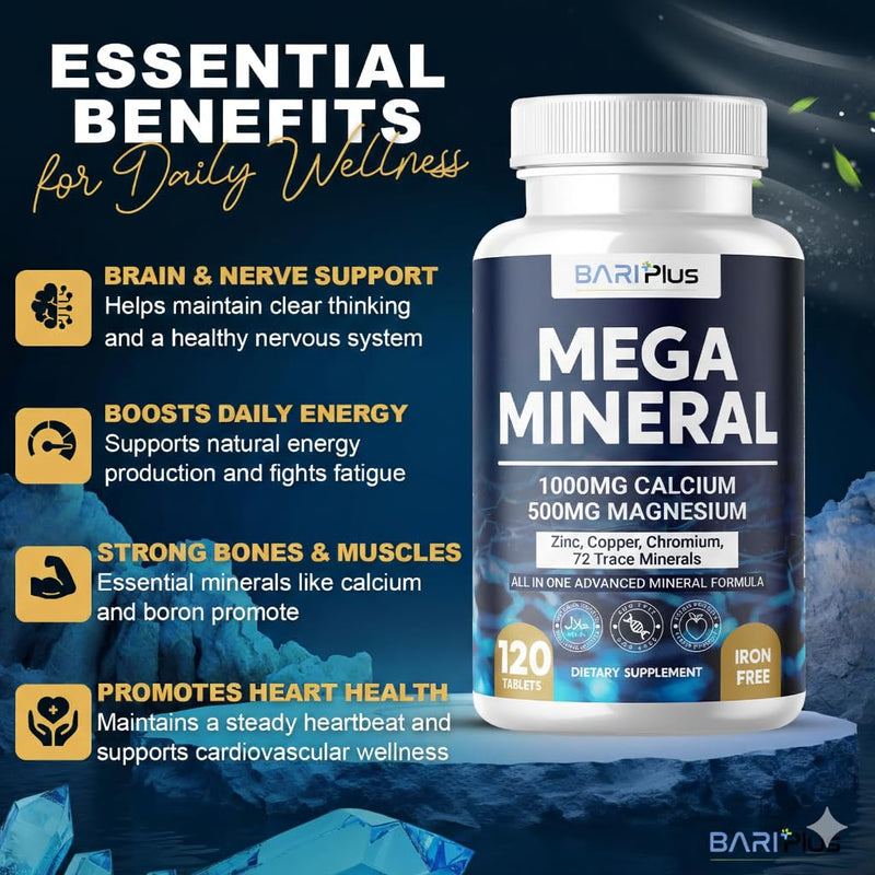 Mega Mineral – Complete Complex with Vitamin D, Calcium, Magnesium, Zinc, Potassium, Boron, Selenium, Chromium & Trace Minerals – Iron-Free – USA Made -Halal (120 Tablets) 120 Count (Pack of 1)