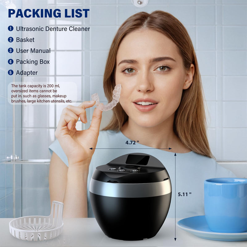 Ultrasonic Retainer Cleaner, 200ML Denture Cleaner for Mouthguard, Aligner, Brace, Night Guard and Dental Appliance with 4 Modes, 45kHz Jewelry Cleaner for Rings, Dental Cleaning Pod with Basket Black - BeesActive Australia