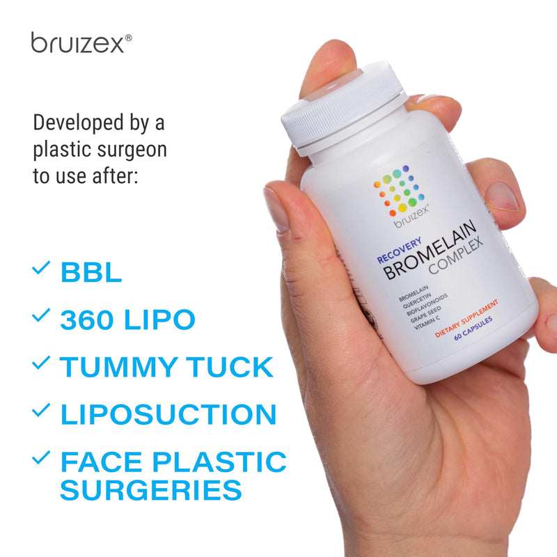 Bruizex Bromelain & Quercetin Recovery Complex - Post Surgery Recovery Bruising, Swelling Relief, Lymphatic Drainage - Post 360 lipo, BBL, Liposuction, Tummy Tuck - Non GMO - 60 Capsules