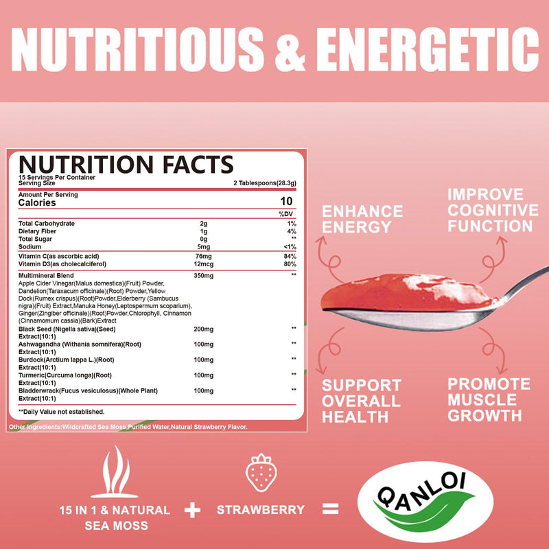 15OZ Strawberry Flavored Sea Moss Gel, 15-in-1 Seamoss Gel, Sugar Free | Rich in Ashwagandha, Vitamins and Minerals, Vegan 15 Ounce (Pack of 1)