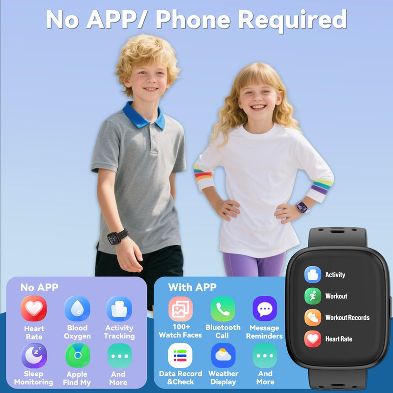 Fitness Tracker for Kids No APP No Phone Needed, Compatible with Apple Find My, 1.83" Smart Watch, Heart Rate, Sleep Monitor, IP68 Waterproof, Step Counter, Gifts for Girls Boys Teens 5-16 Black - BeesActive Australia