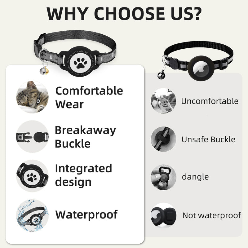 Waterproof Airtag Cat Collar, Reflective Cat Airtag Collar with Bell, Breakaway Cat collar AirTag Holder, Lightweight Kitten Collar for Apple Air tag, Cat GPS Collars for Girl Boy Cats, Kitten (Black) Black - BeesActive Australia