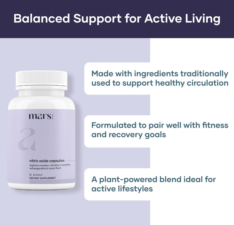 Mars Nitric Oxide Capsules ‚Äì with L-Arginine, L-Citrulline & Adaptogenic Blend | Supports Energy, Circulation & Muscle Recovery | 60 Capsules - Pack of 1 - BeesActive Australia