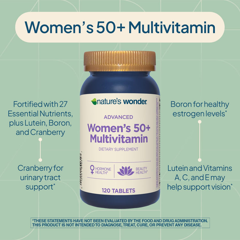 Nature's Wonder Advanced Women's 50+ Multivitamin, Vitamin D3, 120 Tablets | Daily Essential B Vitamins & Multiminerals for Energy, Lutein, Cranberry, Biotin for Eye, Urinary & Skin Health, Gluten-Free