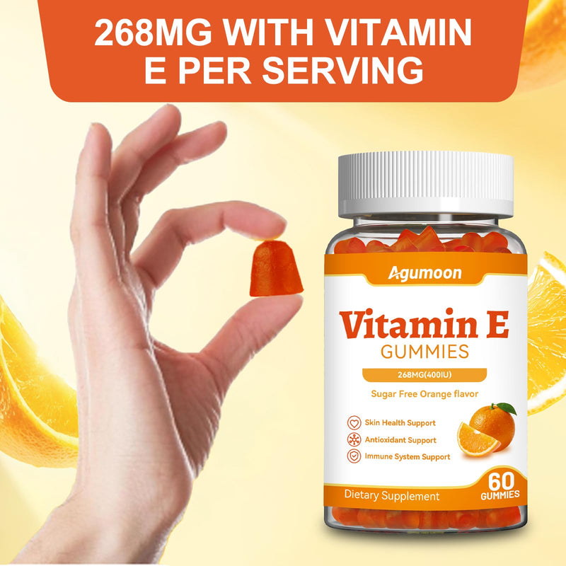 Vitamin E Gummies,400 IU Vitamin E Supplements for Women and Men | 268mg Vit E for Skin,Eye Health and Immune and Antioxidant support,Orange Flavor,60 Count