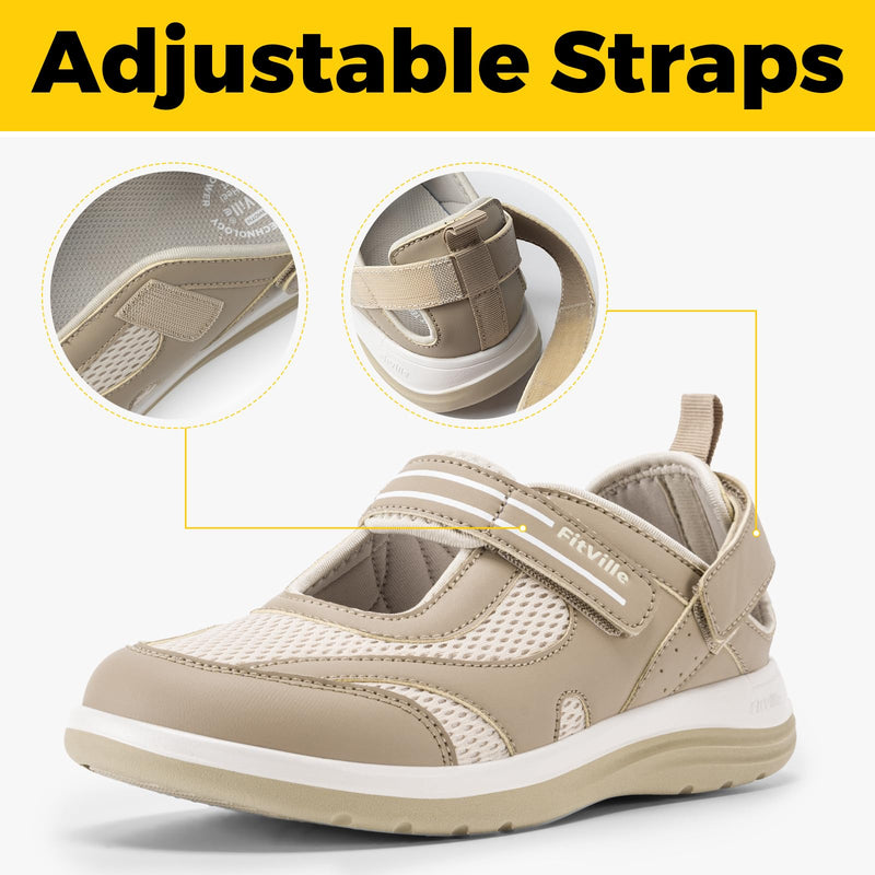 FitVille Diabetic Shoes for Women Extra Wide Width Diabetic Womens Sandals, Walking Shoes with Adjustable Closures Arch Support, Orthopedic Sandals for Flat Feet Heel Pain Relief,Plantar Fasciitis Khaki 8 X-Wide