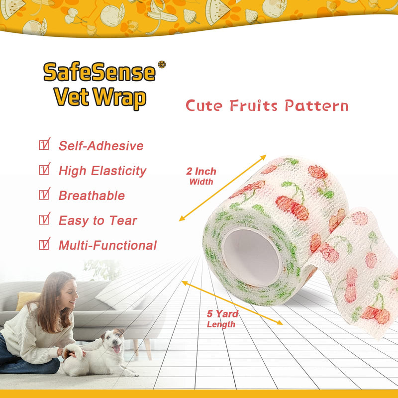 Vet Wrap Cute Fruit Self Adhesive Bandage Wrap, 6 Pack Adhesive Non Woven Bandage Wrap, Breathable Self Stick Bandages Wrap, 2 Inch Paw Bandages for Dog Cat Horse Pet Animals Wounds Cute Fruit-2 Inch - BeesActive Australia