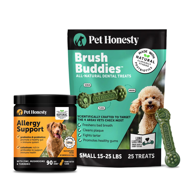 Pet Honesty Dog Wellness Virtual Bundle – Allergy Relief Immunity Chews (90 Ct) + Brush Buddies Dental Sticks for Small Dogs (25 Ct) – Itch Support, Plaque & Breath Care