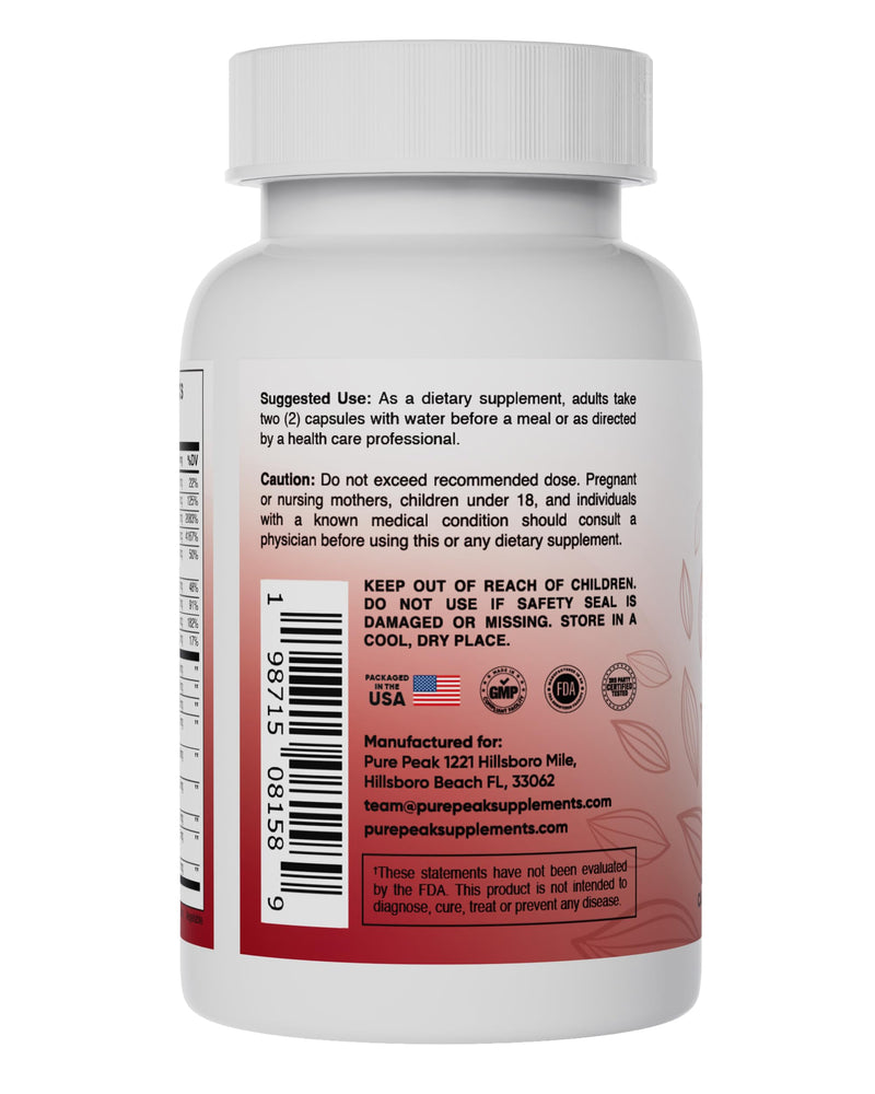 Pure Peak Thyroid Support Supplement- Metabolic Function, Energy & Focus, Mood Enhancer - Iodine from Kelp, Ashwagandha, Vitamin B12, Inositol, Ginseng, Magnesium - 60 Capsules for Men & Women