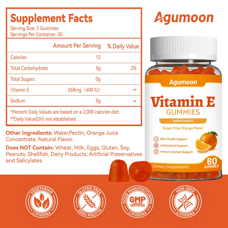Vitamin E Gummies,400 IU Vitamin E Supplements for Women and Men | 268mg Vit E for Skin,Eye Health and Immune and Antioxidant support,Orange Flavor,60 Count