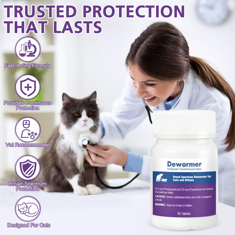 Cats & Kittens Broad-Spectrum Dewormer, for Tapeworms, Hookworms & Roundworms, 50 Tablets