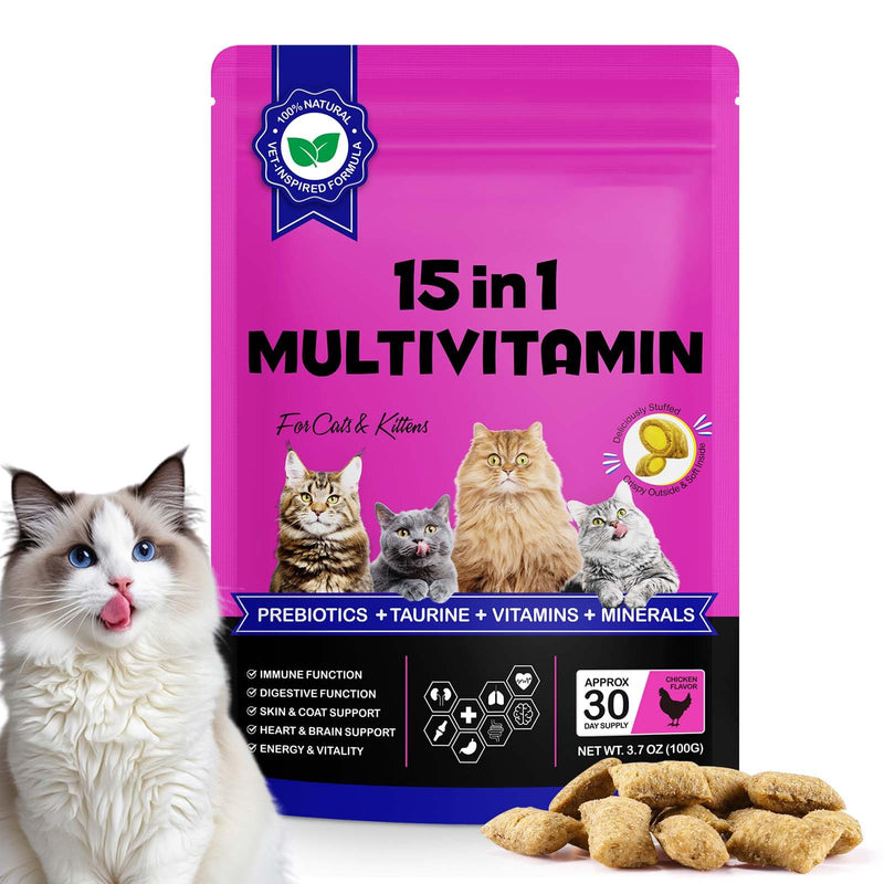Cat Multivitamin Chews, 15-in-1 Multivitamin Cat Treats for Heart Health, Joint, Skin & Coat, Immune Digestive Support, Supplements & Vitaminsfor Cats, Chicken Flavour (30-Day Supply)