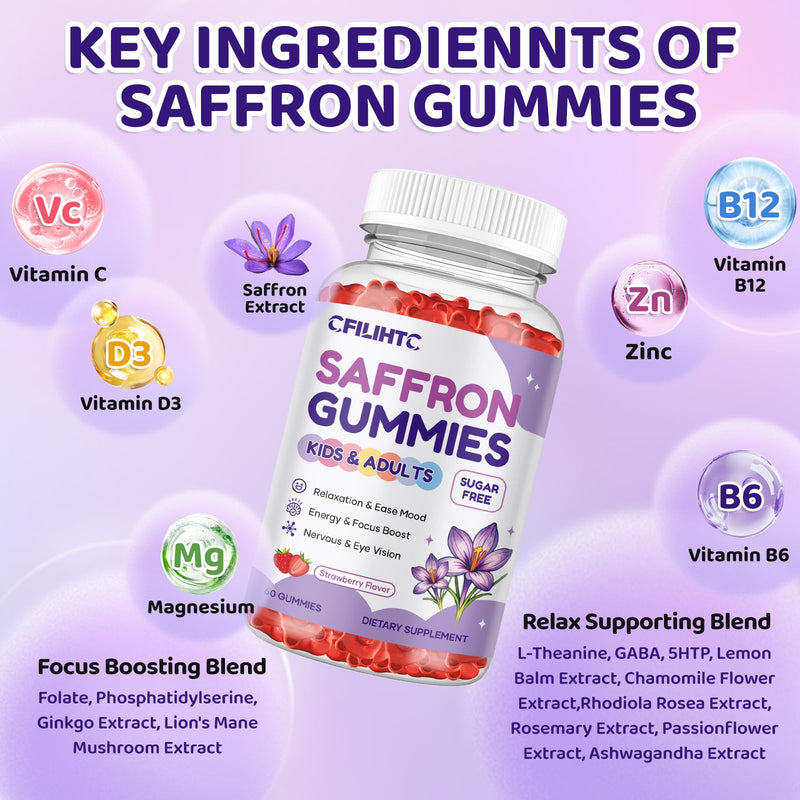 Saffron Gummies for Kids & Adults, 20-in-1 Saffron Supplements with 88.5mg Saffron Extract, B6, B12, C, D3, Magnesium for Calm, Focus, Nerve, Sugar Free, Vegan, Non-GMO - Strawberry Flavor, 60 Counts 60 Count (Pack of 1)