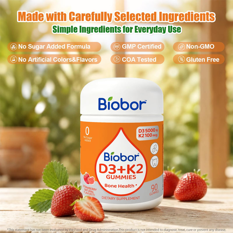 Biobor Natural Vitamin D3 K2 Gummies, 5000 IU D3 + 100 mcg MK-7, 90 Count | Strawberry Vitamin Gummies, Supports Bone & Immune Health. No Sugar Added, Non-GMO, Gluten-Free. Daily Wellness. 90 Count (Pack of 1)