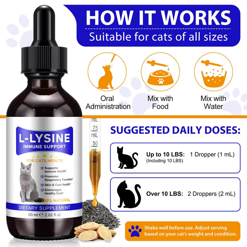 Lysine for Cats, L-Lysine Supplement Liquid Drops for Cats Supports Immune & Respiratory Health,Helps with Sneezing, Eye Discharge and Watery Eyes