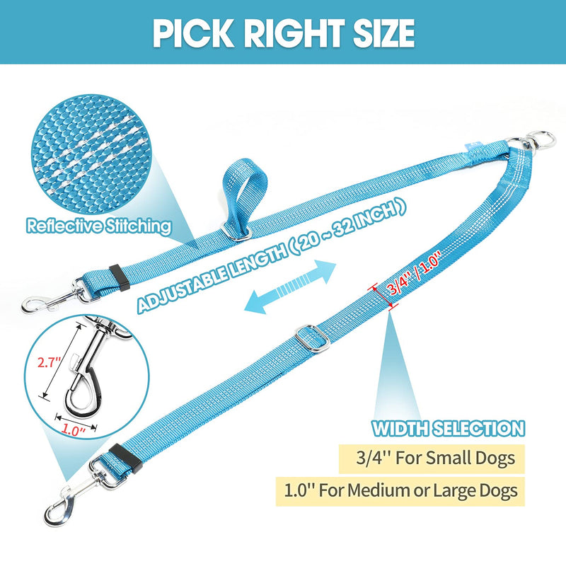 BAAPET Double Dog Leash Splitter, Tangle Free Dual Dog Leash Coupler, Two Dog Walking and Training Extension for Small Medium or Large Dogs (1.0'' x 20~32 Inch, Blue) 2 Splitter (1.0'' x 20-32'') - BeesActive Australia