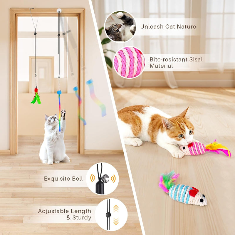 HONGDDY Cat Toys, 14Pcs 4 in 1 Indoor Adult Cat Interactive Toys, Hanging Door Kitten Wand Toys with Suction Cup Removable Feathers Balls Mice Butterfly Streamers 14 Pcs Cat Toys - BeesActive Australia