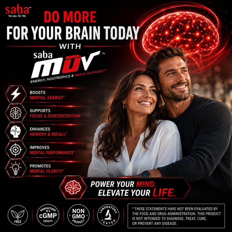Saba MUV™ Nootropic Brain Supplement for Memory, Focus & Energy | Phosphatidylserine, VegiSurge®, Alpha GPC, Vitamins B6, B12 & Folic Acid | Mental Clarity & Brain Health Support | 60 Capsules