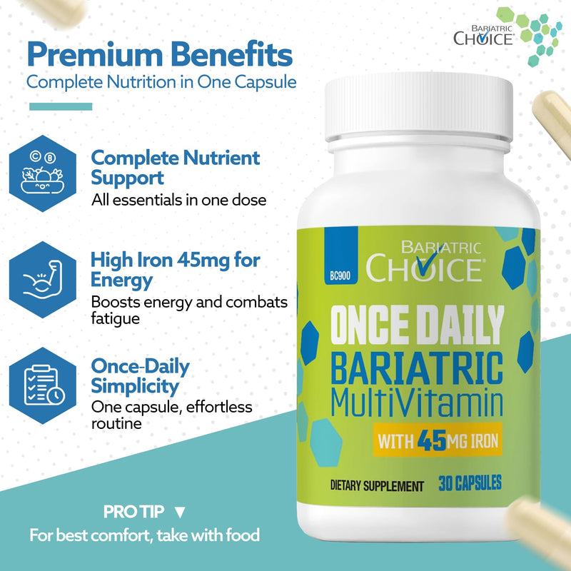 Bariatric Choice Once Daily Bariatric Multivitamin with Iron 45mg, 1 Month | 1-Mo Supply, Once Daily Easy-to-Swallow Capsule for Gastric Bypass & Sleeve Patients – High Potency Vitamins A, D, B12, More 1 Count (Pack of 30)
