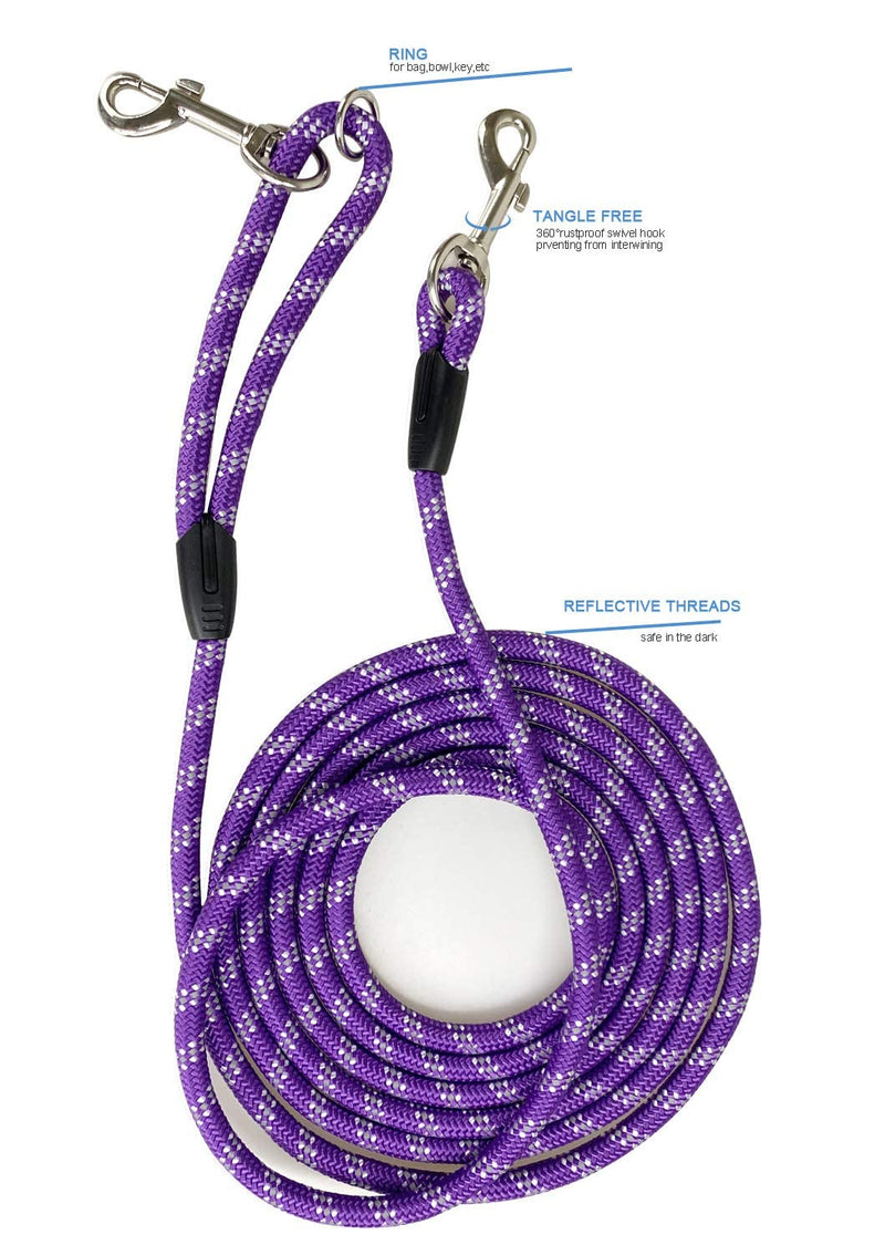 Long Rope Dog Leash for Dog Training 12FT 20FT 30FT 50FT, Reflective Threads Dog Leashes Tie-Out Check Cord Recall Training Agility Lead for Large Medium Small Dogs (Purple, 10mm*20ft) Purple - BeesActive Australia