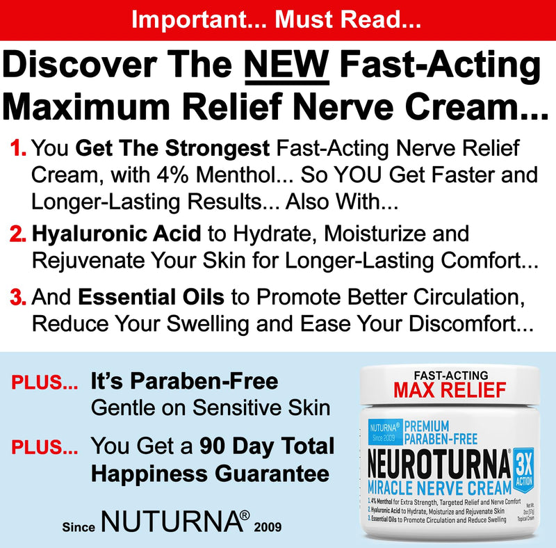Neuroturna Nerve Relief Cream - Premium Nerve Cream 3X Action for Targeted Relief and Soothing Nerve Comfort - Maximum Strength with 4% Menthol, MSM for Feet Hands Legs Toes & Back - 8 Oz 8.00 Fl Oz (Pack of 1)