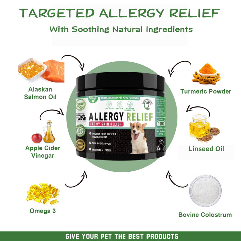 Dog Allergy & Itchy Skin Chews – Omega-3, Probiotics & Colostrum – Natural Hot Spot, Anti-Itch & Coat Support for Small, Medium & Large Dogs – Grain-Free, Vet-Recommended, Allergy Relief Chicken
