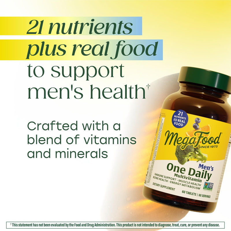 MegaFood One Daily Multivitamin for Men with 21 Nutrients, 60 Tablets | Immune Support, Cellular Energy & Muscle Health, Methylfolate, Methylated B12, C, D3, Zinc, Non-GMO, Vegetarian, 60 Servings Unflavored 60 Count (Pack of 1)
