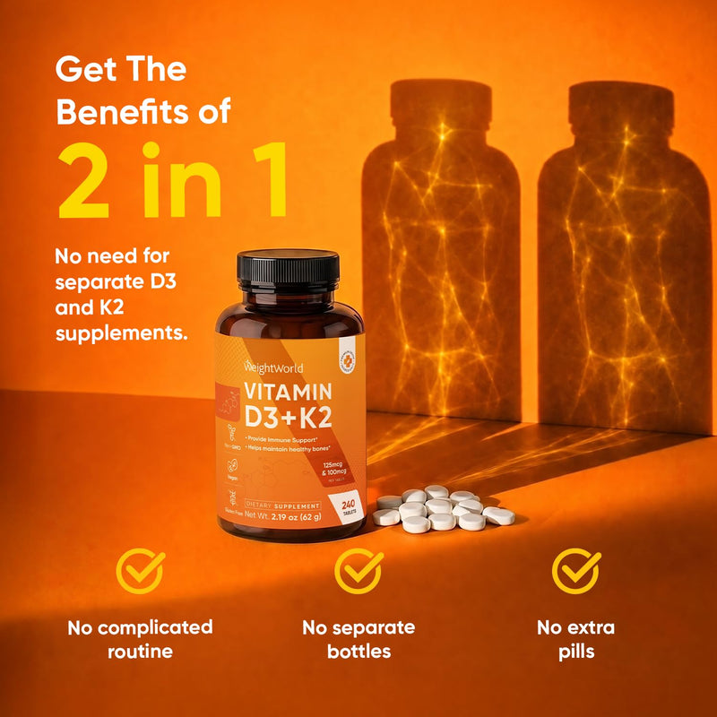 WeightWorld Vitamin D3 K2 4000 IU for Bone, Immune, Vascular Health & Max Calcium Absorption | 8-Month Supply | Lichen-Sourced Vegan D3 and K2 Supplements | K2 D3 Vitamin Supplements, Non-GMO Vitamin D3K2 4000IU Tablets