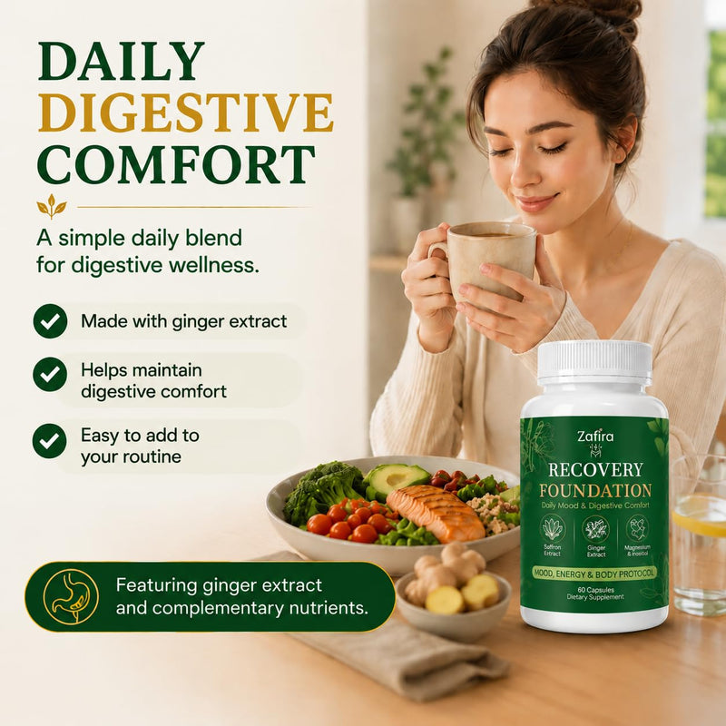 Zafira Organics Recovery Foundation Capsules, Saffron Extract Supplement with L-Theanine, Myo-Inositol, Magnesium Bisglycinate & Ginger for Mood, Focus & Daily Wellness Support, 60 Capsules